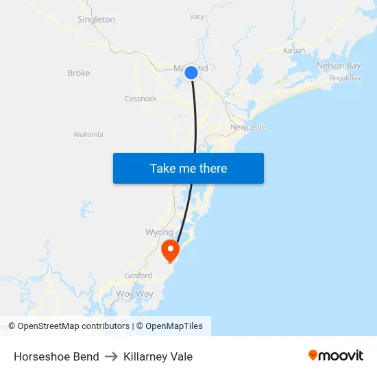 Horseshoe Bend to Killarney Vale map