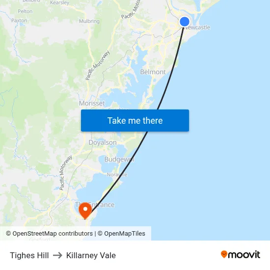 Tighes Hill to Killarney Vale map