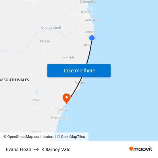 Evans Head to Killarney Vale map