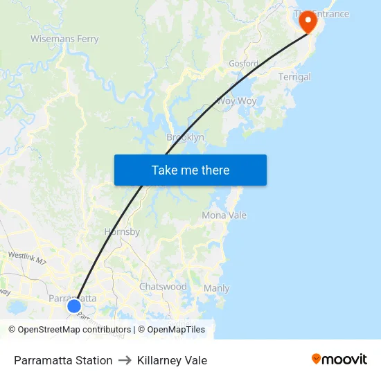 Parramatta Station to Killarney Vale map