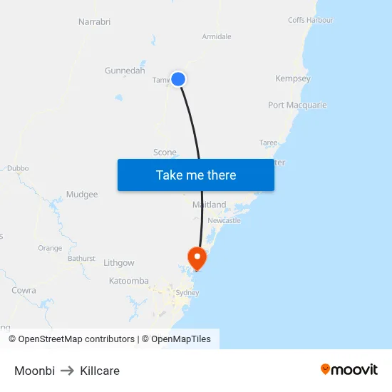 Moonbi to Killcare map