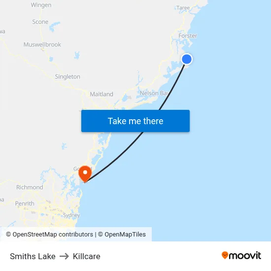 Smiths Lake to Killcare map