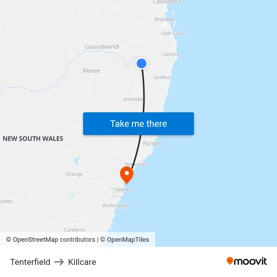 Tenterfield to Killcare map