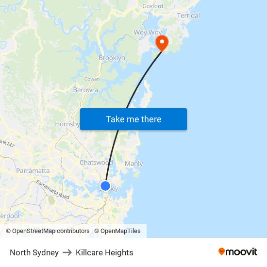 North Sydney to Killcare Heights map