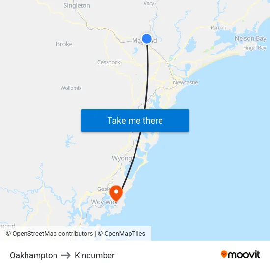 Oakhampton to Kincumber map
