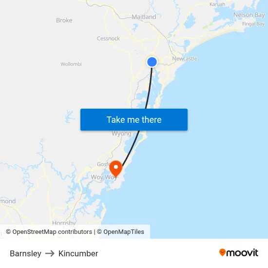 Barnsley to Kincumber map