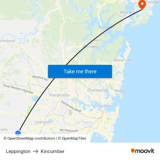 Leppington to Kincumber map