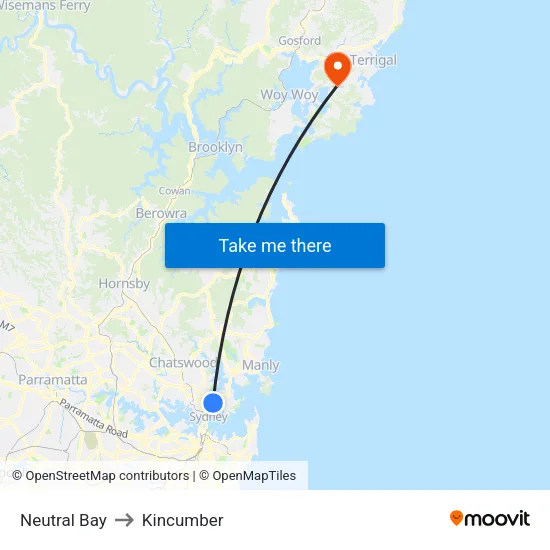 Neutral Bay to Kincumber map