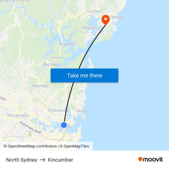 North Sydney to Kincumber map