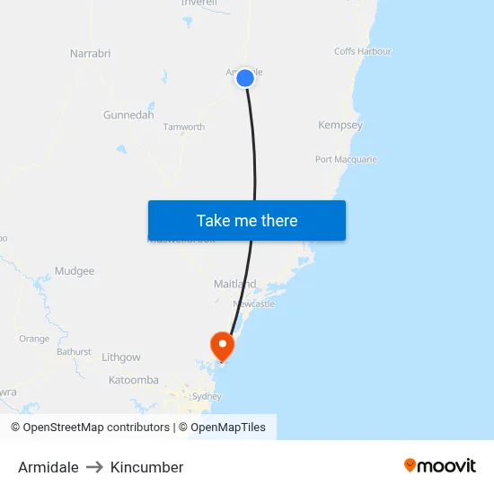 Armidale to Kincumber map