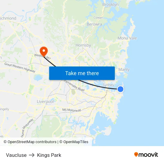 Vaucluse to Kings Park map