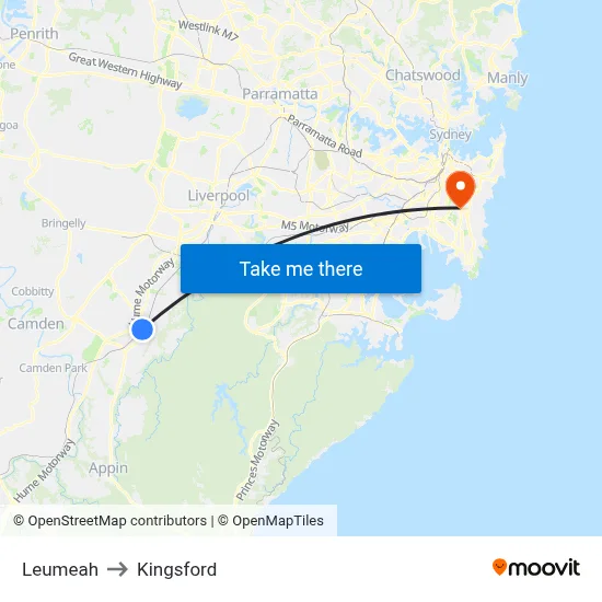 Leumeah to Kingsford map