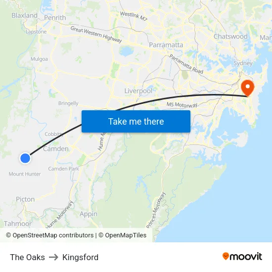 The Oaks to Kingsford map