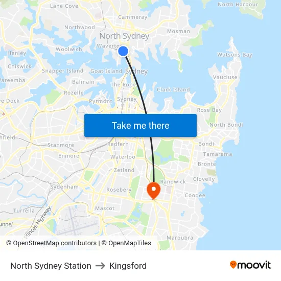 North Sydney Station to Kingsford map