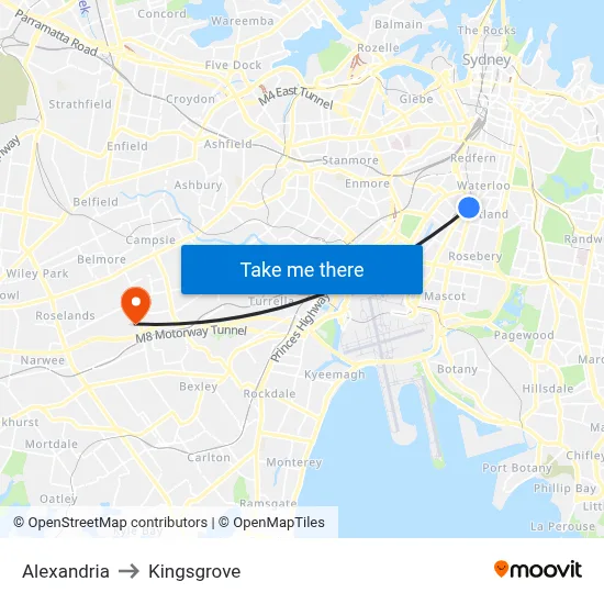 Alexandria to Kingsgrove map