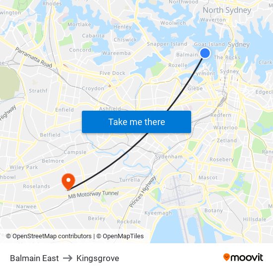 Balmain East to Kingsgrove map