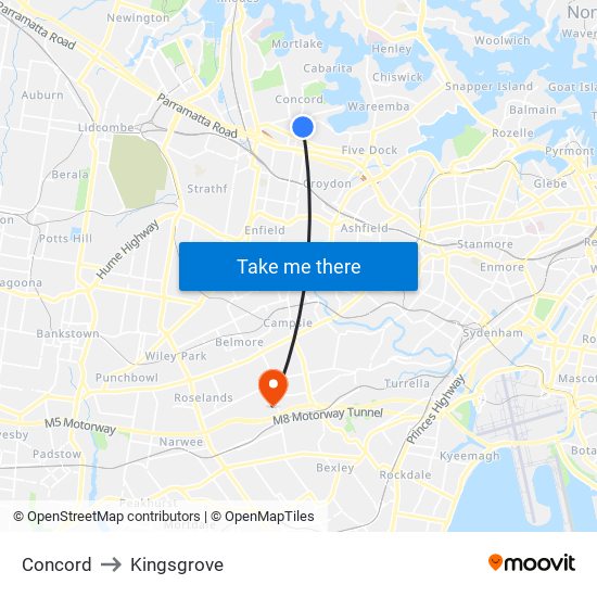 Concord to Kingsgrove map