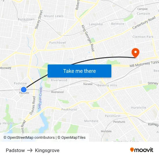 Padstow to Kingsgrove map