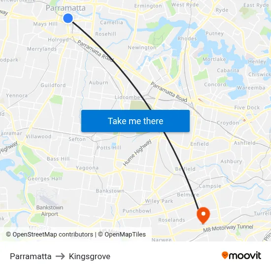 Parramatta to Kingsgrove map