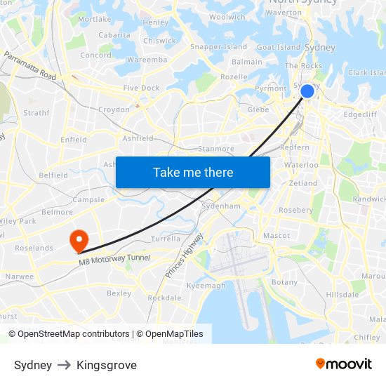 Sydney to Kingsgrove map