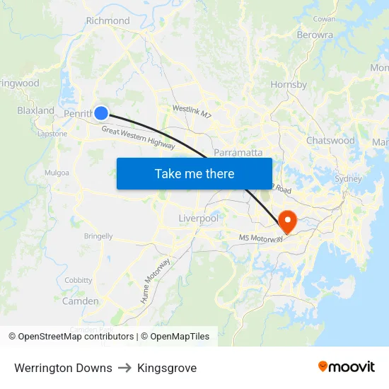 Werrington Downs to Kingsgrove map