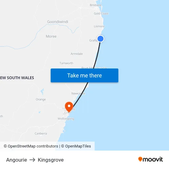 Angourie to Kingsgrove map