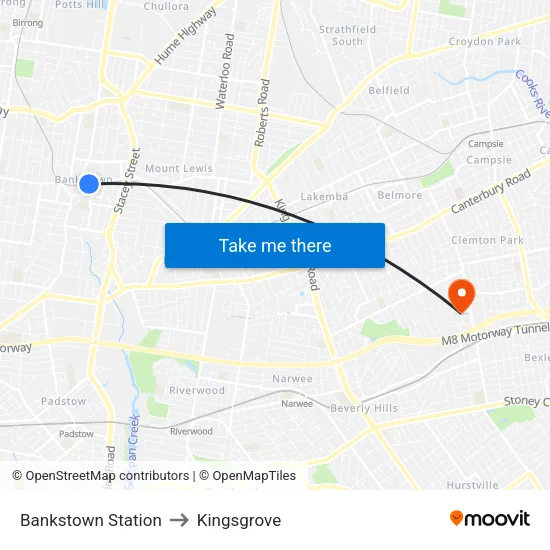 Bankstown Station to Kingsgrove map