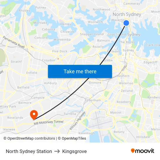 North Sydney Station to Kingsgrove map
