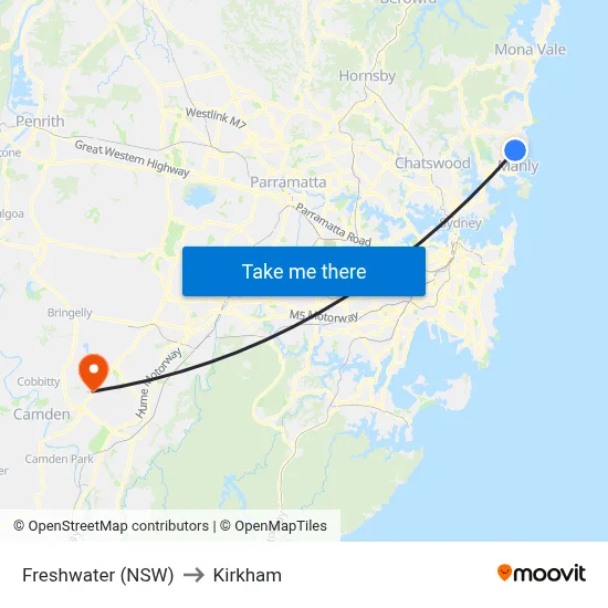 Freshwater (NSW) to Kirkham map