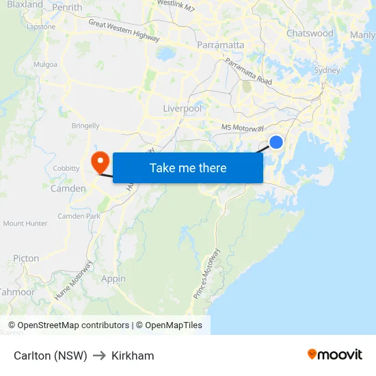 Carlton (NSW) to Kirkham map