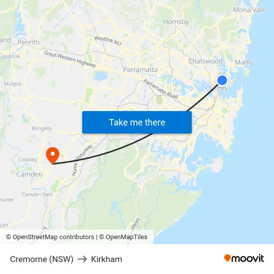 Cremorne (NSW) to Kirkham map