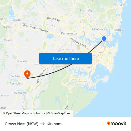 Crows Nest (NSW) to Kirkham map