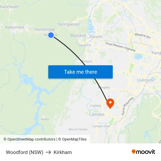 Woodford (NSW) to Kirkham map