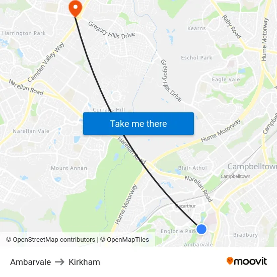 Ambarvale to Kirkham map