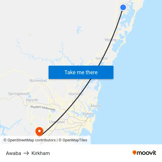Awaba to Kirkham map