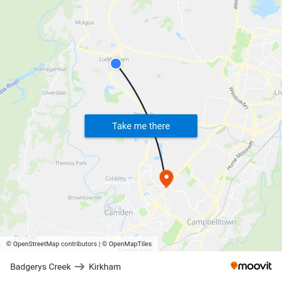 Badgerys Creek to Kirkham map