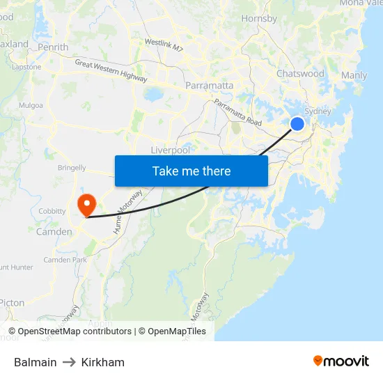 Balmain to Kirkham map