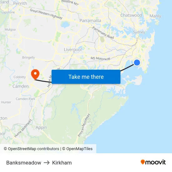 Banksmeadow to Kirkham map