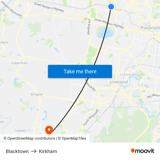 Blacktown to Kirkham map