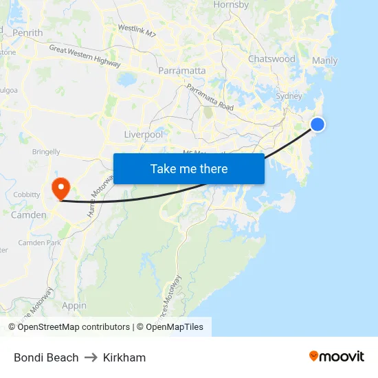 Bondi Beach to Kirkham map