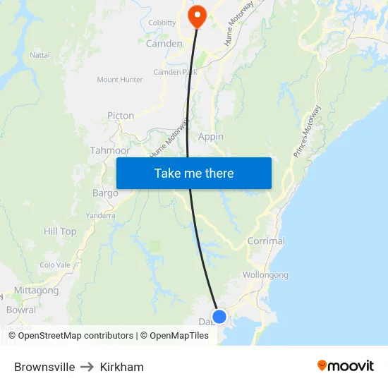 Brownsville to Kirkham map