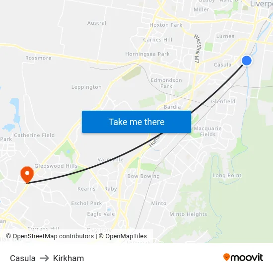 Casula to Kirkham map