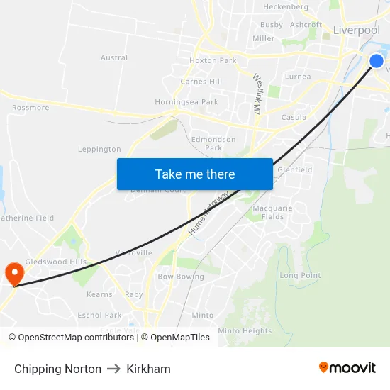 Chipping Norton to Kirkham map