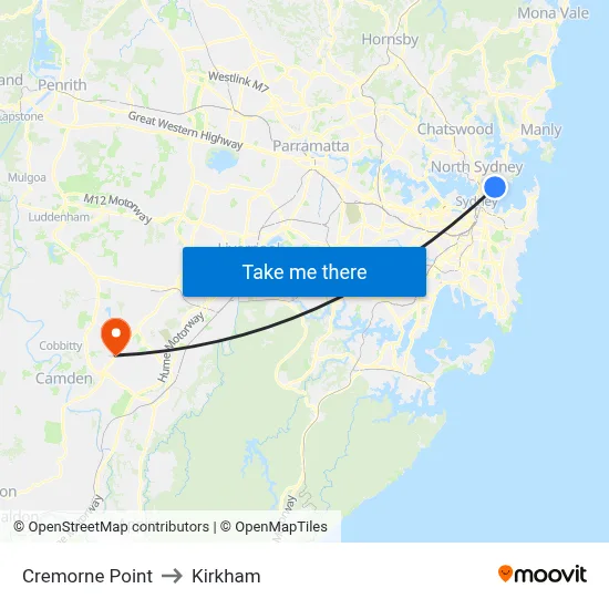 Cremorne Point to Kirkham map