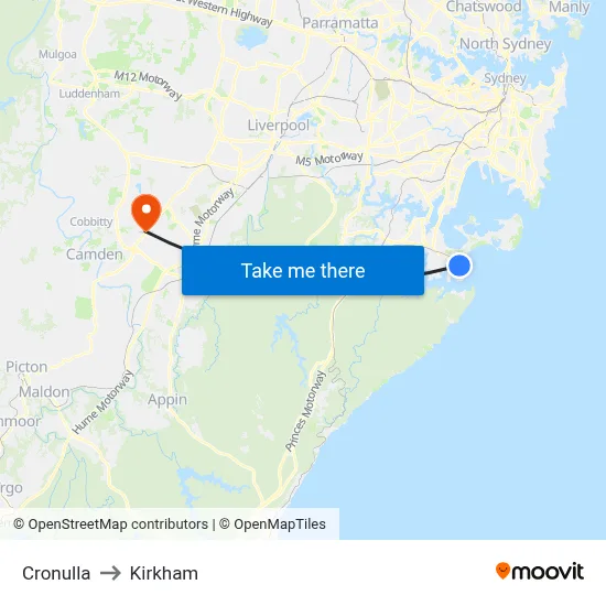Cronulla to Kirkham map