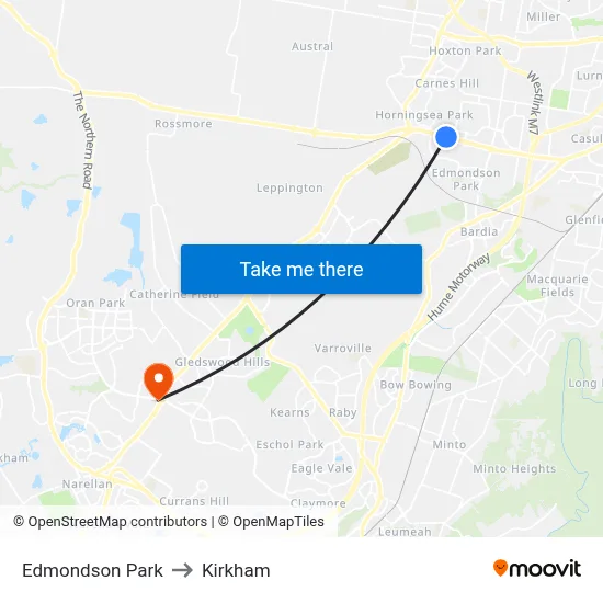 Edmondson Park to Kirkham map