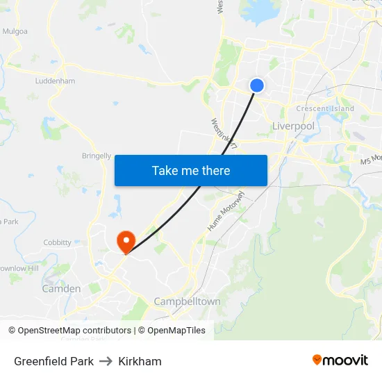 Greenfield Park to Kirkham map