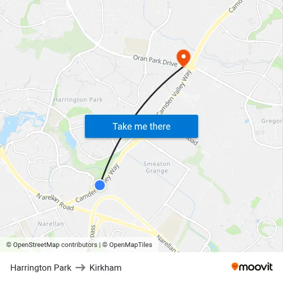 Harrington Park to Kirkham map