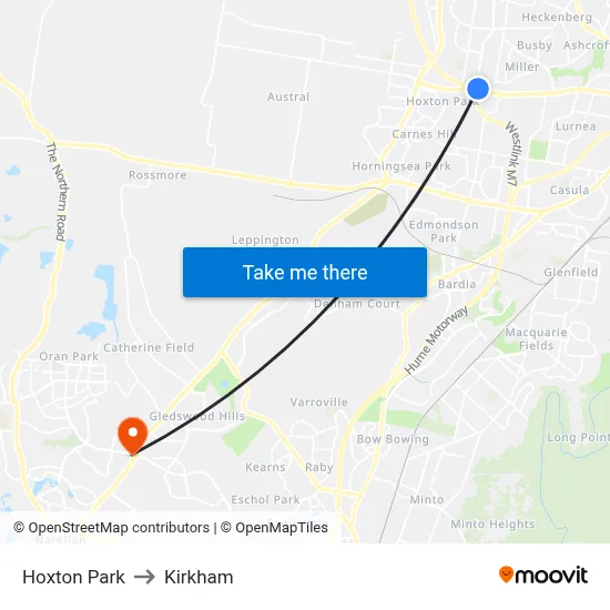 Hoxton Park to Kirkham map
