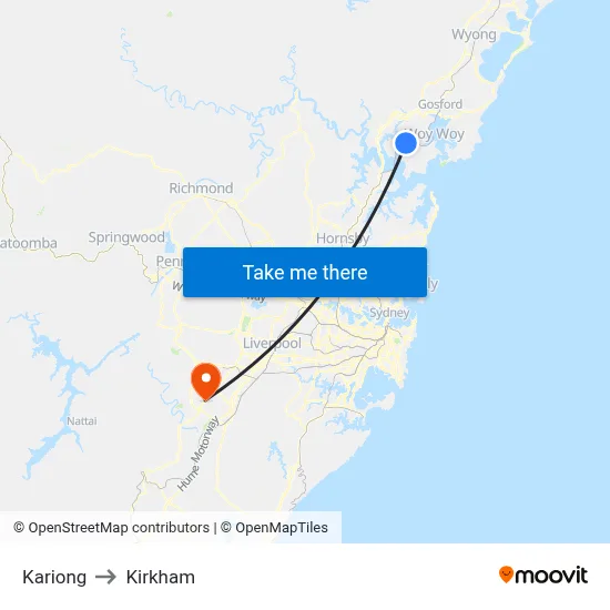 Kariong to Kirkham map